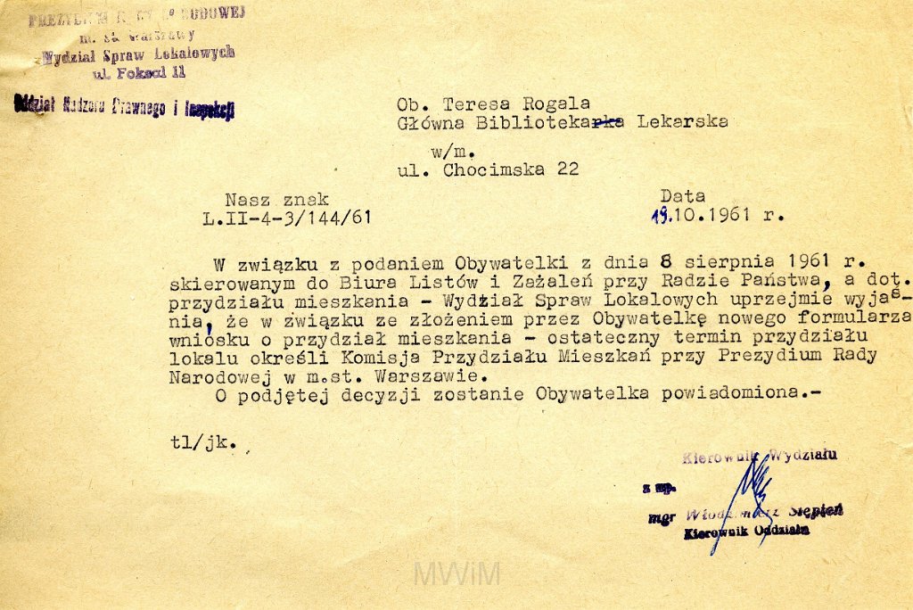 KKE 5838.jpg - Dok. Pismo Teresy Rogala do Prezydium Rady Narowowej dotyczące przydziału mieszkania, Warszawa, 19 X 1961 r.